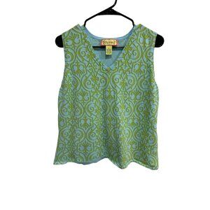 Lilly & Van Sleeveless Brocade Sweater Vest Blue Green Sz XL V-Neck Stretch Knit